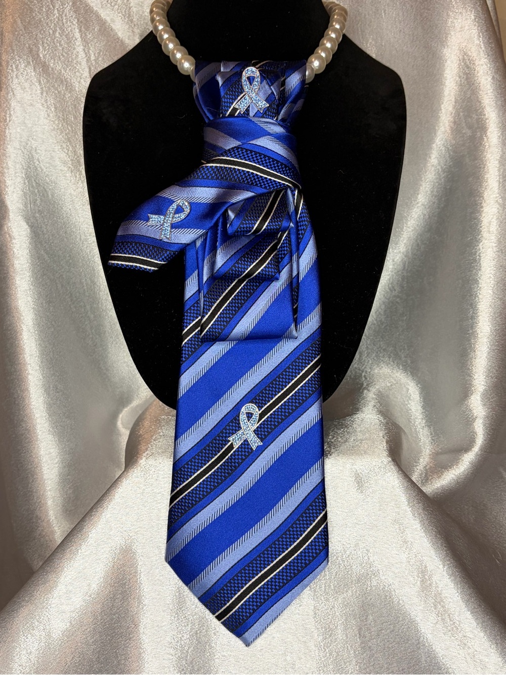 Women’s Tie- Blue Striped Autism Awareness Tie with Ribbon Accent
